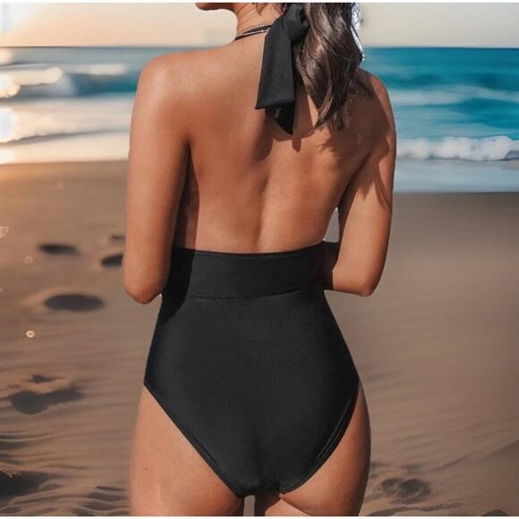 Cupshe Women’s Swimsuit S Black One Piece Halter V-Neck Ruched Tummy Control - Picture 3 of 9